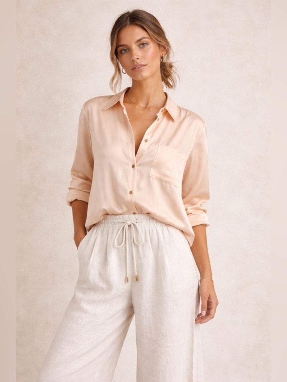 Broadway & Broome Silk Lovely Peach Button Down Career Wear Luxurious Top M